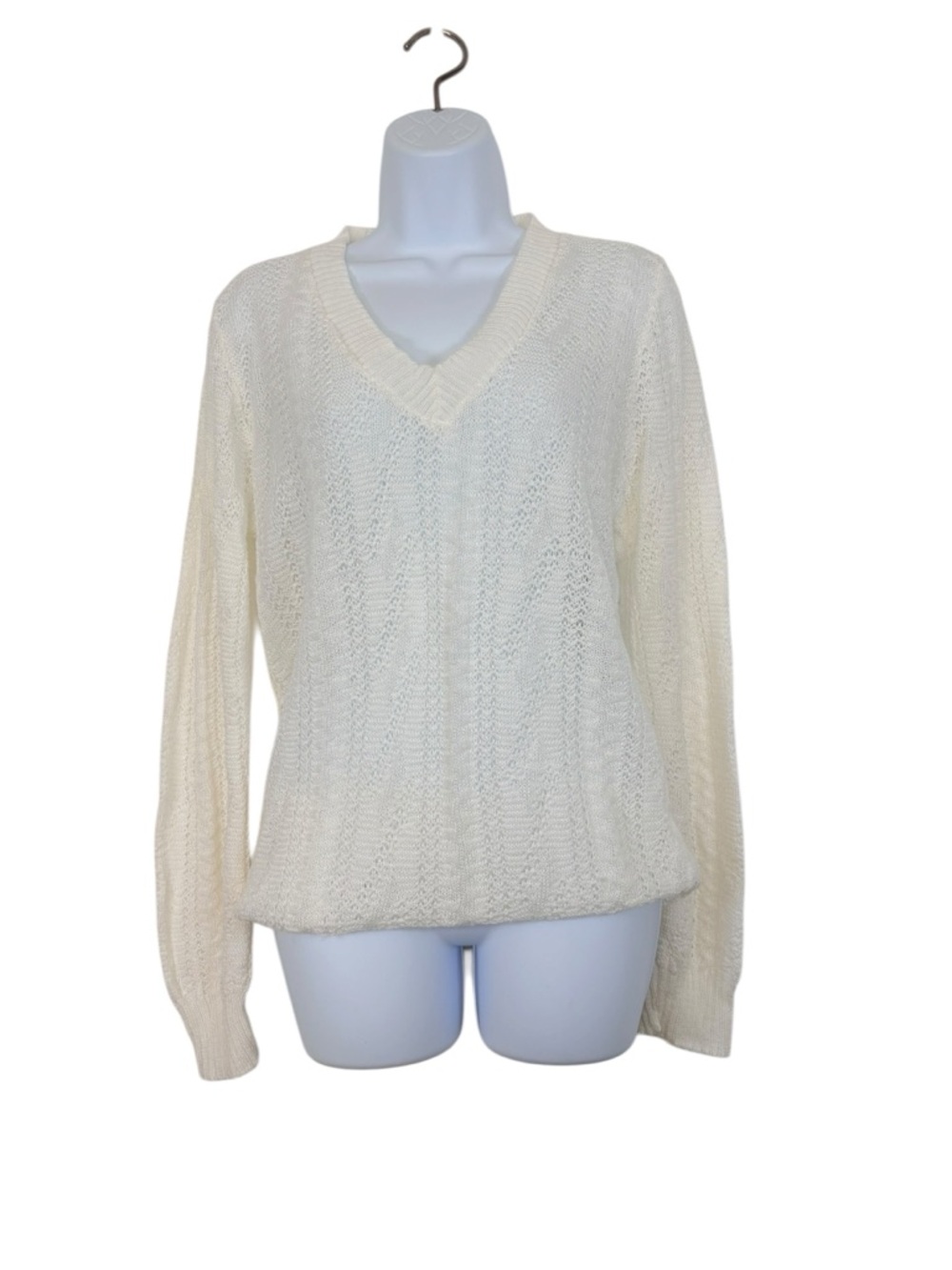 Vintage Glamor Knit Cream Open Knit V-Neck Sweater Lightweight Cottagecore USA